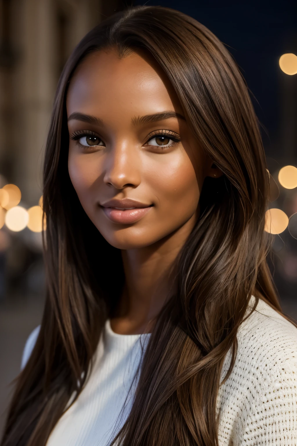belle comme les points forts de Jasmine Tookes, porter des vêtements décontractés, peau brun clair, fille américaine, sa peau est marron clair, peau brune, teint doré, magnifique et beau, gros sein, magnifique belle femme, Beauté 1 personnes, 1 personnes beautés, vetements décontractés, réaliste, expression de sourire léger, yeux marrons clair, qualité de la ville de nuit, 22 ans, Nikon, canon, Fujifilm, HD, 4K, 8k 16k