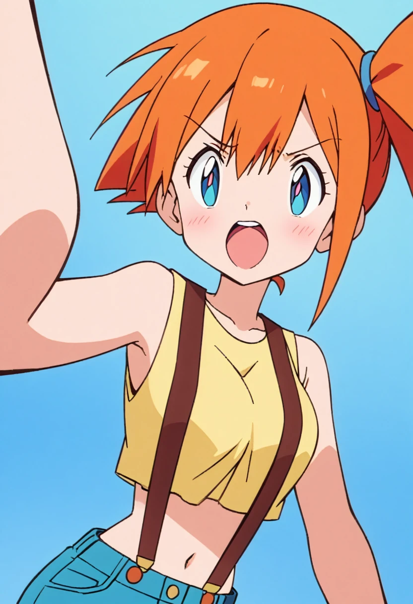 score_9, score_8_up, score_7_up, , zPDXL2, max detail, 4k wallpaper, masterpiece, best quality, absurdres, highres, dynamic angle, dynamic pose, source_anime, PokemonStyle,  flat color,
1girl, solo, misty (pokemon), open mouth, orange hair, blue eyes, upper body, suspenders, side ponytail, breasts, teeth, blush, outline, shirt, short hair, yellow shirt, navel,blue background, simple background, sleeveless, bangs, , upper teeth only, bright pupils, bare shoulders, sleeveless shirt,, tongue,mediumshot,selfie