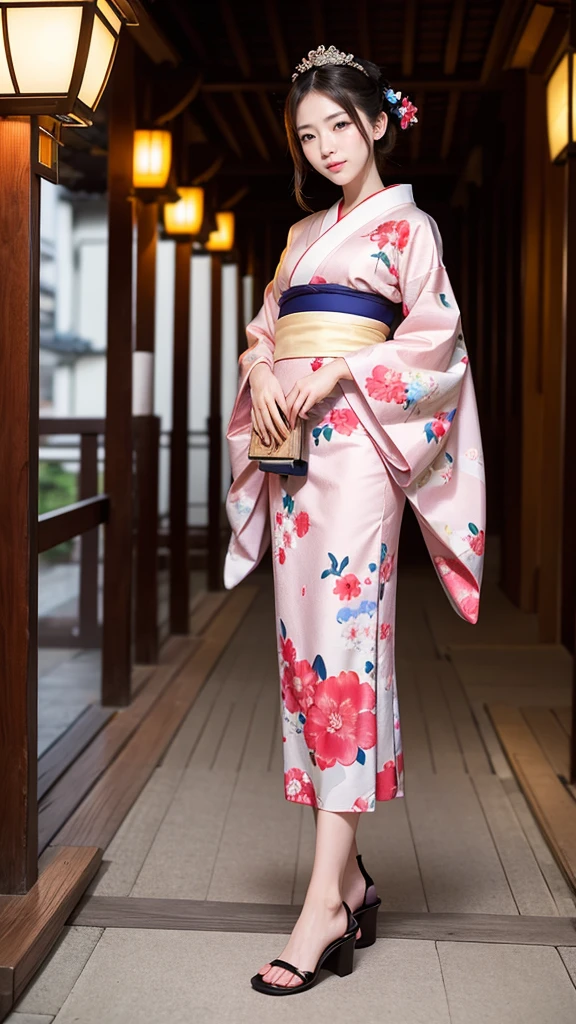 Highest quality, high resolution, 8K, full body, Countries, geisha, courtesan, kimono, kimono,whitening,20 years old, beautiful woman, pretty face, cute face, Kyoto cityscape