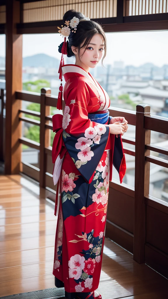 Highest quality, high resolution, 8K, full body, Countries, geisha, courtesan, kimono, kimono,whitening,20 years old, beautiful woman, pretty face, cute face, Kyoto cityscape