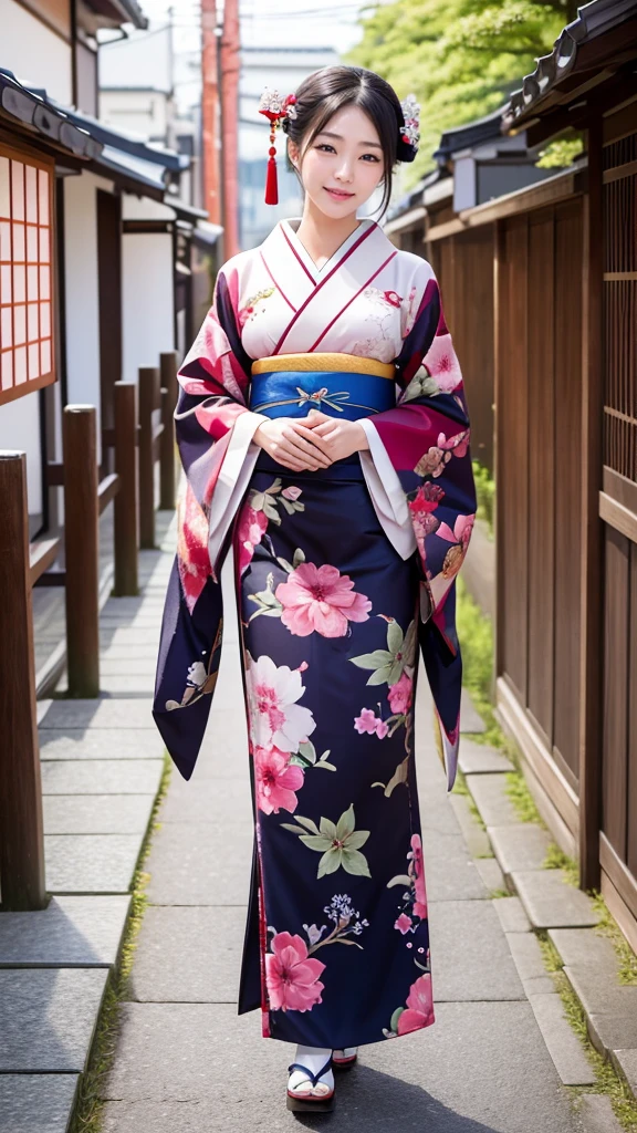 Highest quality, high resolution, 8K, full body, Countries, geisha, courtesan, kimono, kimono,whitening,20 years old, beautiful woman, pretty face, cute face, Kyoto cityscape