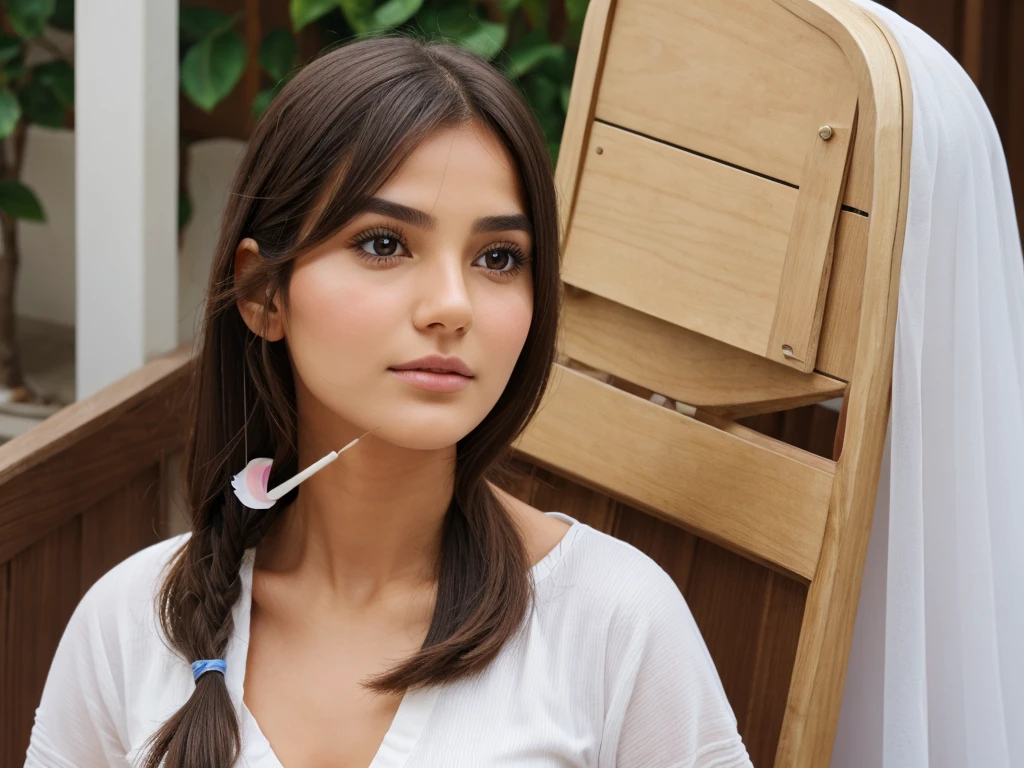 A Girl oble face hair stik byraber bant haldy figar  flat nose