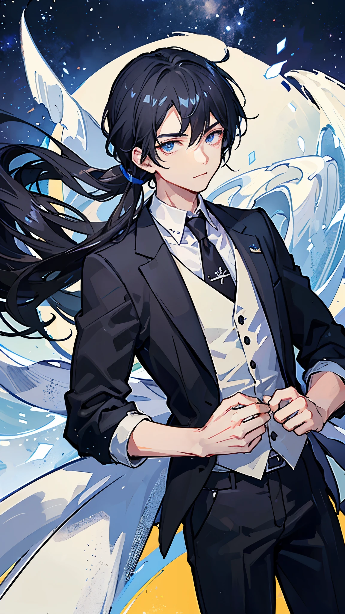 A man around 25 years old、A man with waist-length black hair tied back、Wearing a black suit、Eye color is a calm blue、Background starry sky