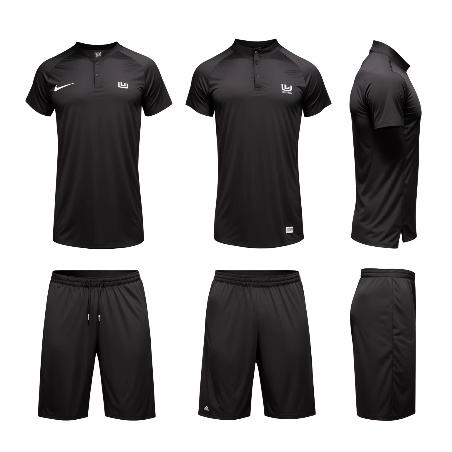 um conjunto de sports clothes masculinas negras em um fundo branco, black clothing, sports clothes, black leagwear, sports clothes, black jersey, casual black leagwear, wearing modern black clothes, wearing in black clothing, black leagwear, Wearing elegant black clothes, wearing shorts and t-shirt, wearing black clothing, realistic clothing, front back view and side view, professional sports style