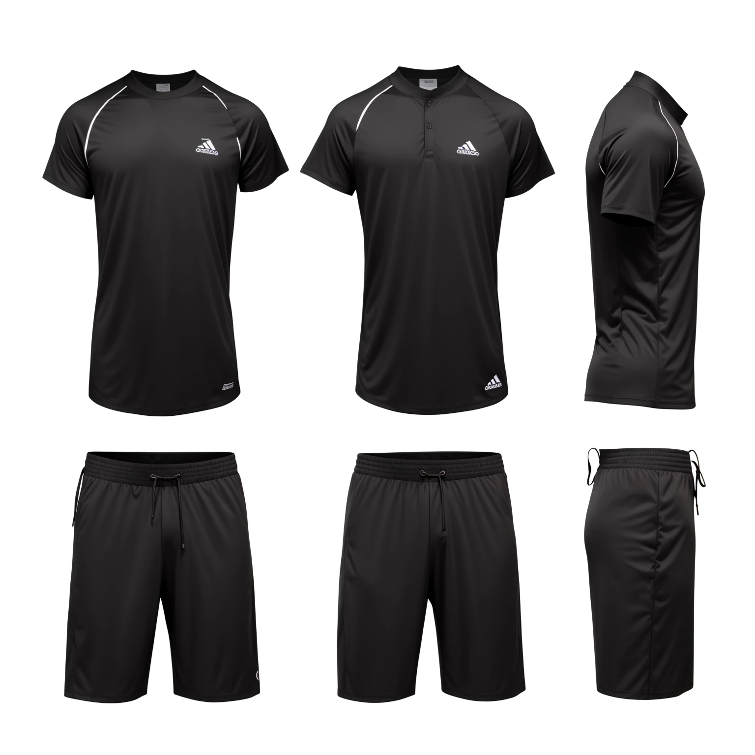 um conjunto de sports clothes masculinas negras em um fundo branco, black clothing, sports clothes, black leagwear, sports clothes, black jersey, casual black leagwear, wearing modern black clothes, wearing in black clothing, black leagwear, Wearing elegant black clothes, wearing shorts and t-shirt, wearing black clothing, realistic clothing, front back view and side view, professional sports style