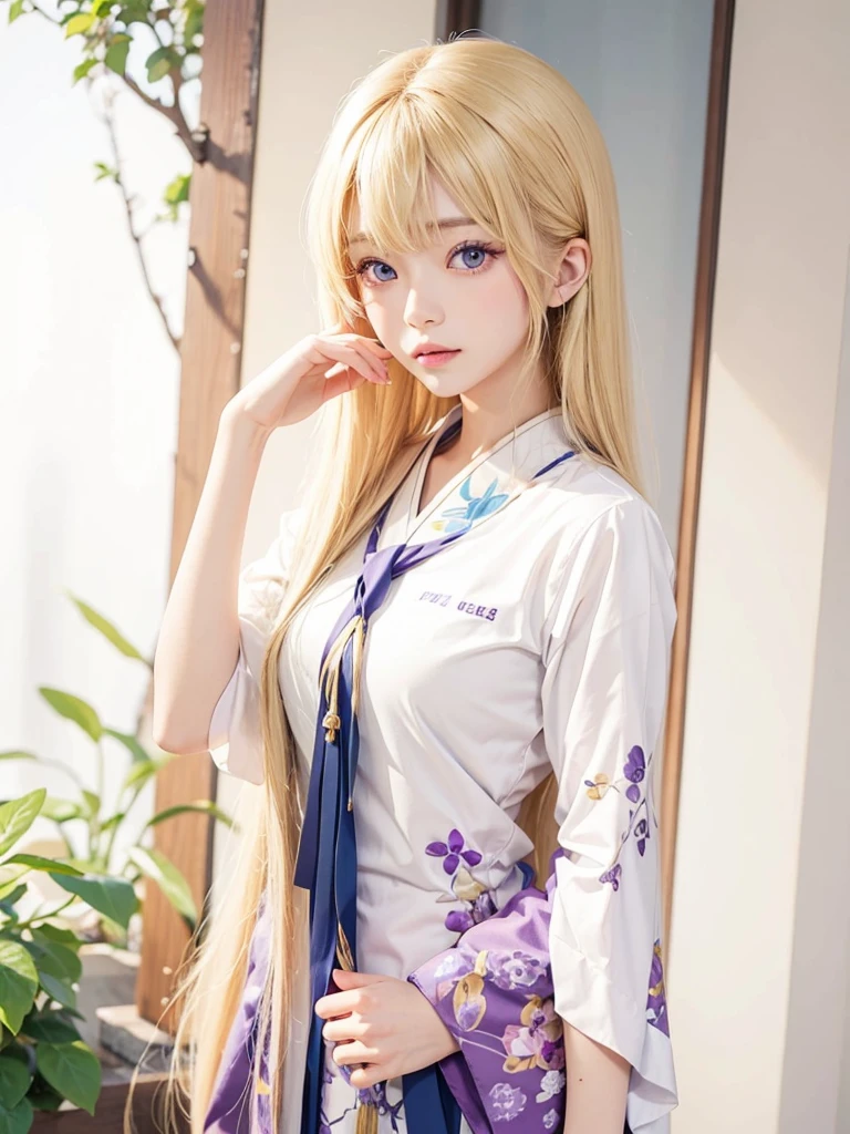 Long blonde hair,, purple eyes, japan girl.