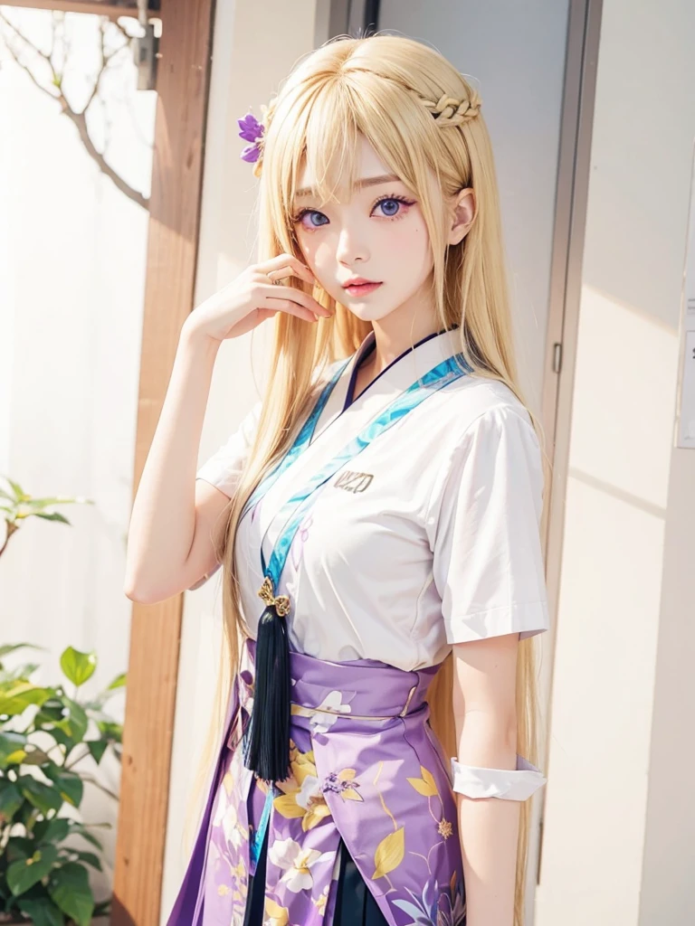 Long blonde hair,, purple eyes, japan girl.