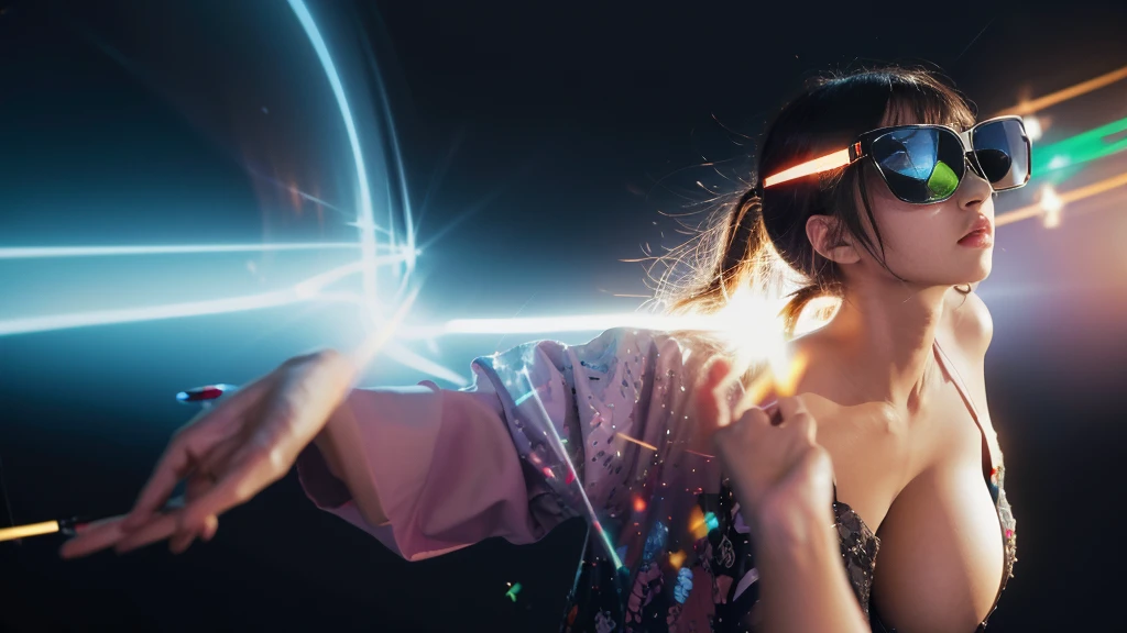 (best quality,4k,8k,highres,masterpiece:1.2),ultra-detailed,(realistic,photorealistic,photo-realistic:1.37),vibrant colors,electronic music background,full color,photo,poster,fashion,abstract design,modern style,dynamic energy,energetic atmosphere,striking visual effects,pulsating rhythm,creative visuals,stylish composition,glowing lights,futuristic elements,technological elements,synthesizer,turntables,CDJs,headphones,neon lights,glittering disco ball,dancing crowd,stylishly dressed models,(((black sunglasses, large-breast:1.2))),eclectic fashion choices,colorful patterns,shimmering fabrics,sharp lines,mirror reflections,playful poses,dynamic movement,dynamic light and shadow,dazzling visual spectacle,artistic expression,electric ambiance,multimedia experience, cinematic lighting, lens flare, ray tracing