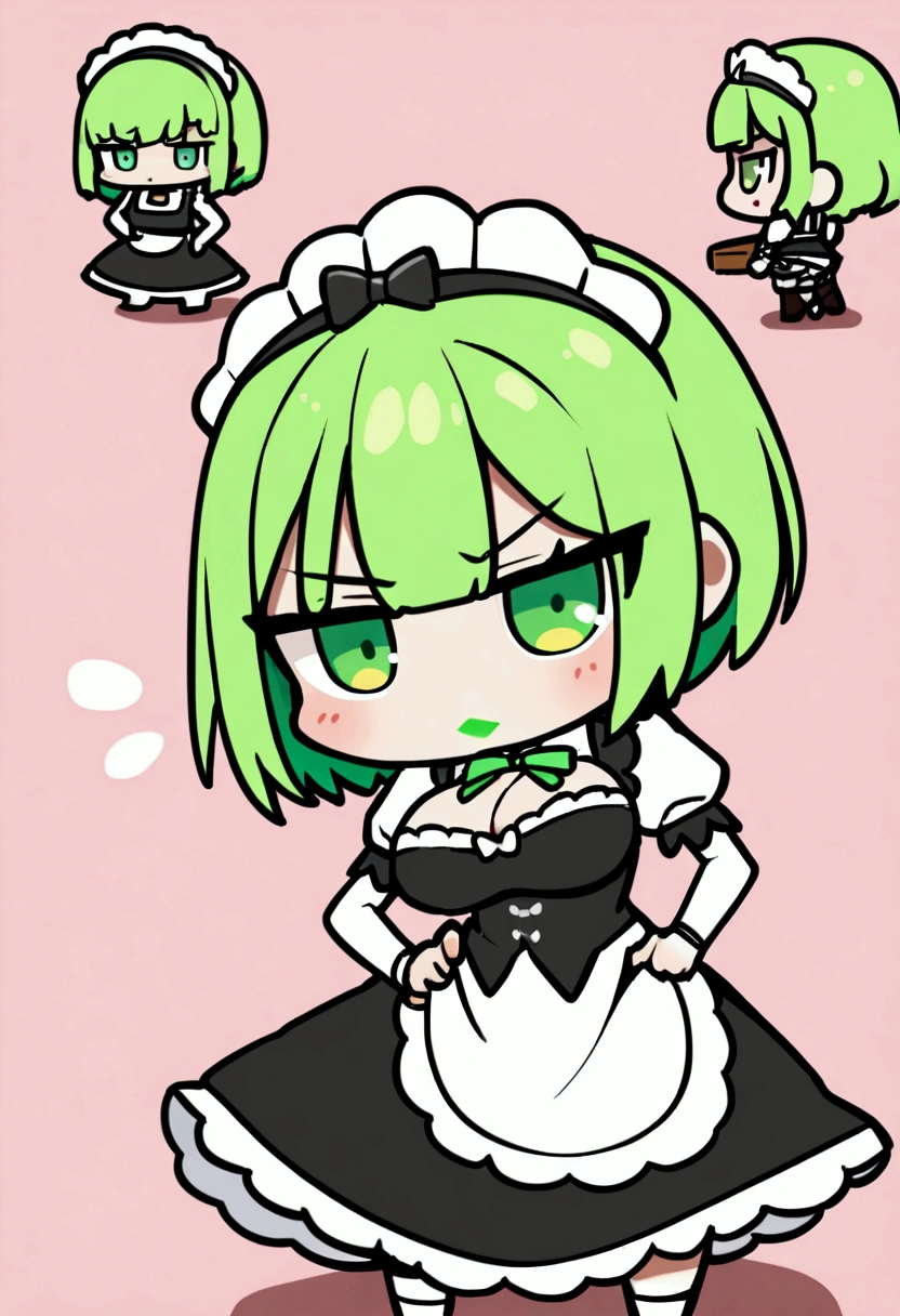 1girl with short green hair, green eyes, green lips, maid uniform, decolletage, big breasts, chibi style, full stand, standing, simple background