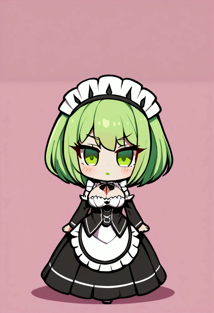 1girl with short green hair, green eyes, green lips, maid uniform, decolletage, big breasts, chibi style, full stand, standing, simple background