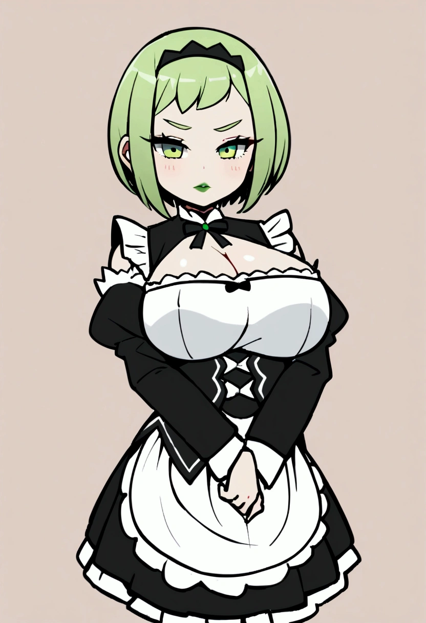 1girl with short green hair, green eyes, green lips, maid uniform, decolletage, big breasts, chibi style, full stand, standing, simple background
