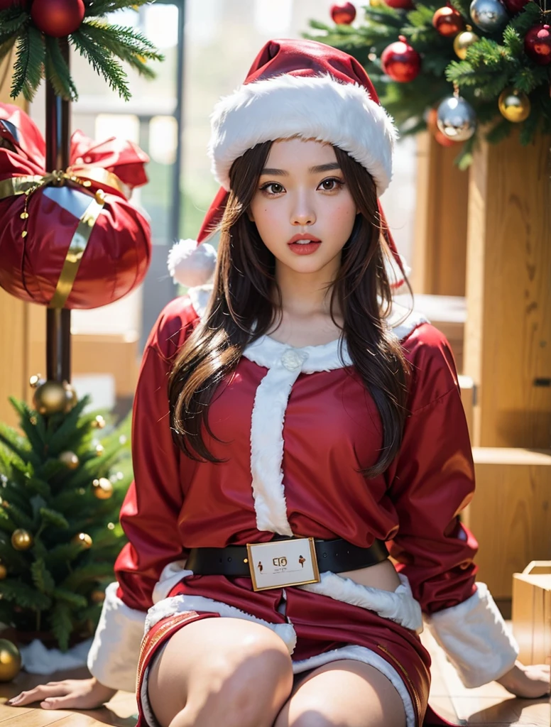Beautiful girl wearing a Santa Claus costume sits on the floor., 8k artgerm bokeh, closeup portrait shot, captured on canon eos r 6, christmas ornaments, Brown eyes, Brown hair, (Beautiful face details), intricate detailed, Portrait of a female man, very high details, Realistic photos, 8k, UHD, hyperdetailed, (Dynamic Poses:1.4),