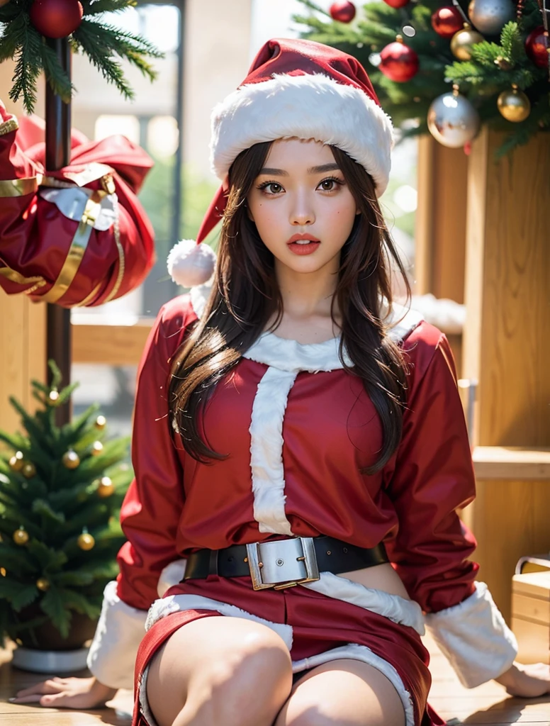 Beautiful girl wearing a Santa Claus costume sits on the floor., 8k artgerm bokeh, closeup portrait shot, captured on canon eos r 6, christmas ornaments, Brown eyes, Brown hair, (Beautiful face details), intricate detailed, Portrait of a female man, very high details, Realistic photos, 8k, UHD, hyperdetailed, (Dynamic Poses:1.4),