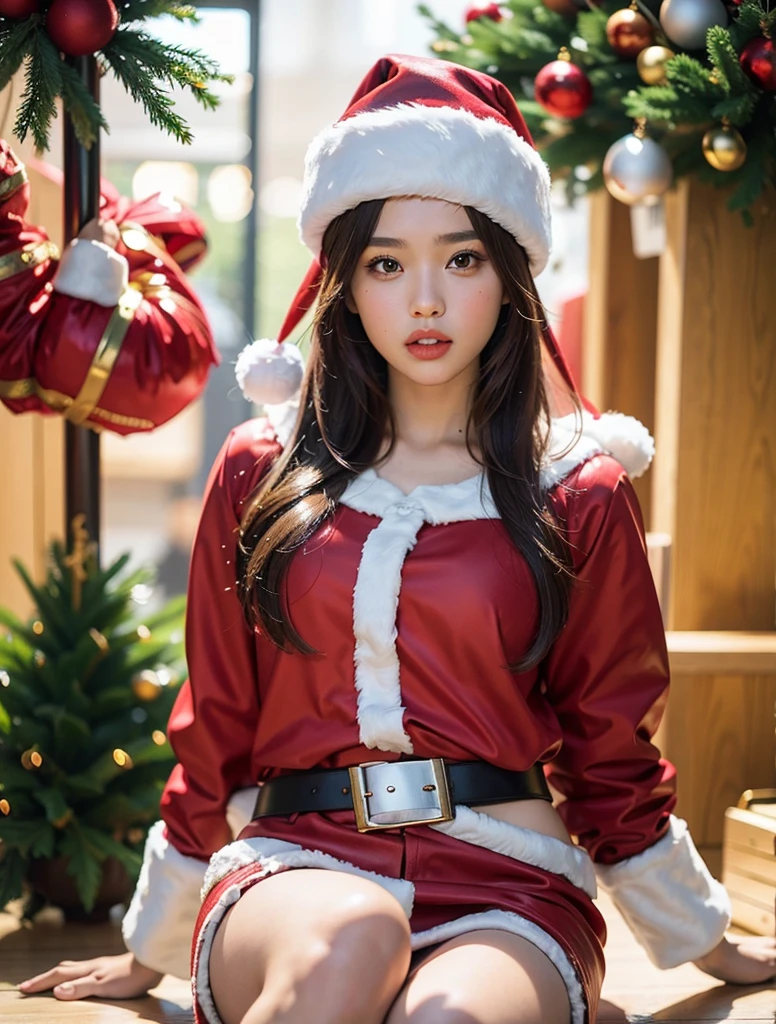 Beautiful girl wearing a Santa Claus costume sits on the floor., 8k artgerm bokeh, closeup portrait shot, captured on canon eos r 6, christmas ornaments, Brown eyes, Brown hair, (Beautiful face details), intricate detailed, Portrait of a female man, very high details, Realistic photos, 8k, UHD, hyperdetailed, (Dynamic Poses:1.4),