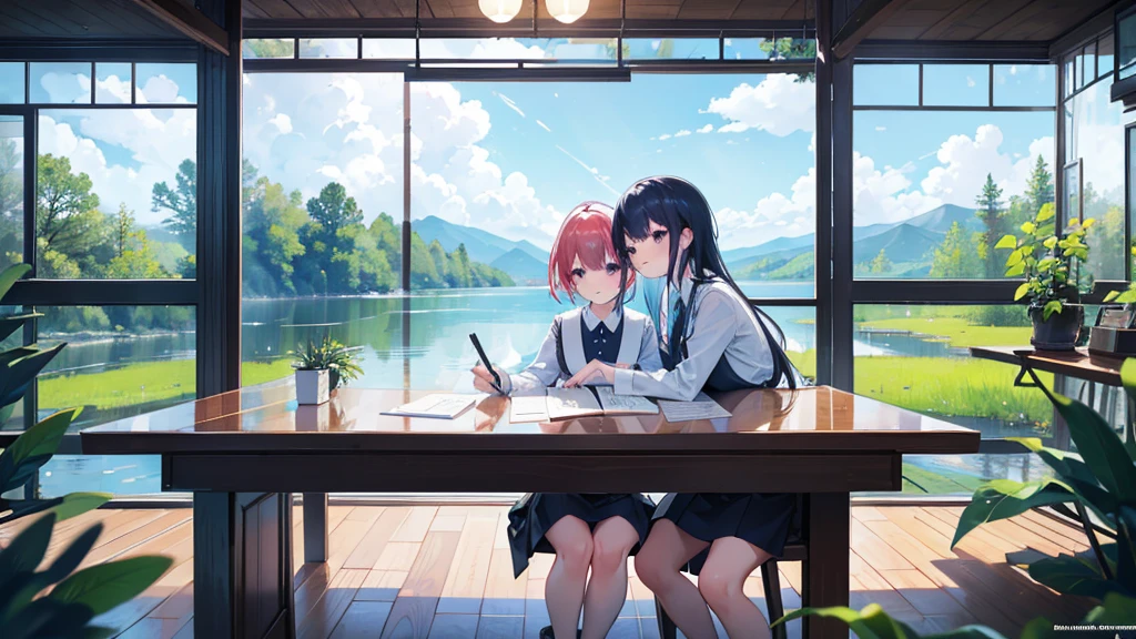 (master part), beyond the glass window, A huge lake in a dense forest,very cool, nature,after the rain, gram, beautiful sky, Brilliant clouds, 4K, happy,happyness, soft, wallpaper,, hope, convoluted, BREAK the image transmit a hopeful feeling, Good feel, happy atmosphere, The beauty of small details, a visual master part, beautiful colors, uhd, high resolution,absurd, professional image, breathtaking,amazing, Two girls sit side by side at a table right in front of the screen angle and help each other study., Draw the character's appearance in detail, Wear casual clothes