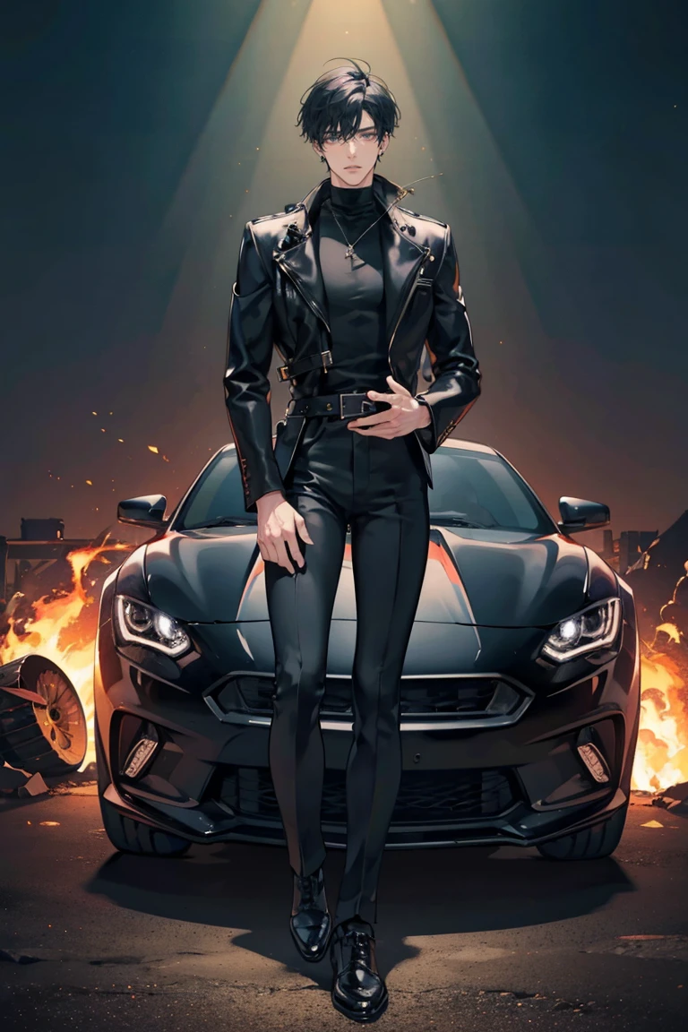 (masterpiece), best quality, seductive eyes, perfect face, handsome man, black eyes, short messy black hair, long nose, plain black turtleneck, black leather jacket, black fitted pants, full body, tall man, long legs, anime cover, 1boy, ear piercings, hands in pockets, adult-like look, bad boy, the background is a burning tower with his motorcycle