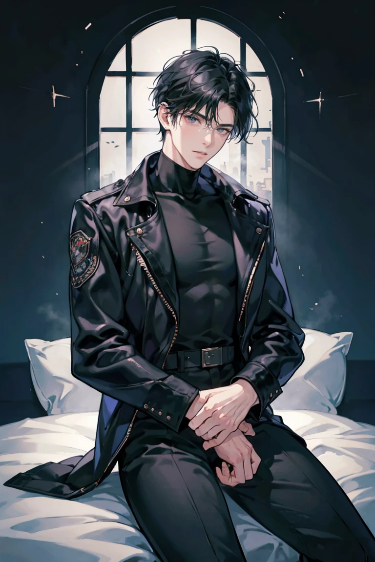 (masterpiece), best quality, seductive eyes, perfect face, handsome man, black eyes, short messy black hair, long nose, plain black turtleneck, black leather jacket, black fitted pants, full body, tall man, long legs, anime cover, 1boy, ear piercings, hands in pockets, adult-like look, bad boy, the background is a burning tower with his motorcycle