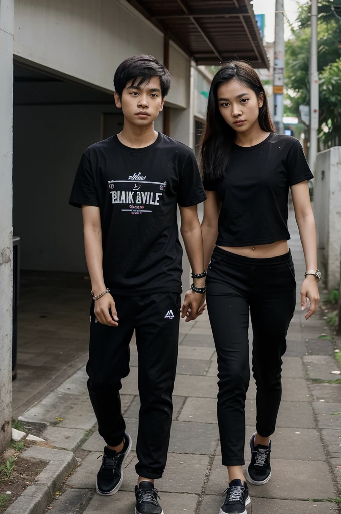 Thai couple, a 12-year-old Thai boy and a 12-year-old Thai girl, of the same height, thin and slender, walking hand in hand and wearing a black t-shirt and black pants. And they wear a black bracelet on both arms. Emphasize that they wear a black t-shirt.