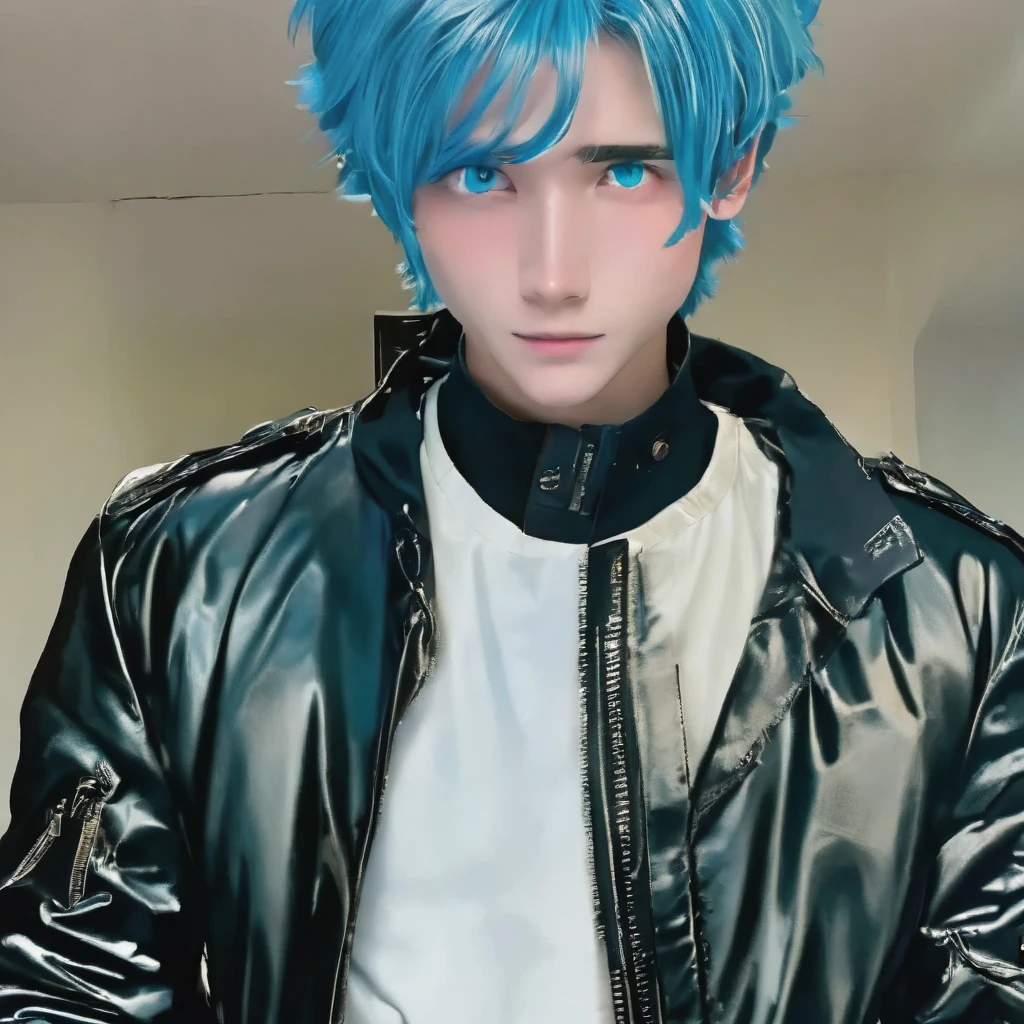 best quality, masterpiece, solo, 1boy, blue hair, black jacket, blue eyes, black beckground, standing, futuristik jacket