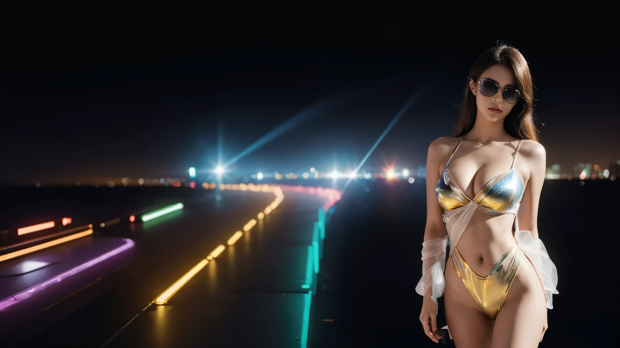 (best quality,4k,8k,highres,masterpiece:1.2),ultra-detailed,(realistic,photorealistic,photo-realistic:1.37),vibrant colors,electronic music background,full color,photo,poster,fashion,abstract design,modern style,dynamic energy,energetic atmosphere,striking visual effects,pulsating rhythm,creative visuals,stylish composition,glowing lights,futuristic elements,technological elements,synthesizer,turntables,CDJs,headphones,neon lights,glittering disco ball,dancing crowd,stylishly dressed models,(((black sunglasses, large-:1.2))),eclectic fashion choices,colorful patterns,shimmering fabrics,sharp lines,mirror reflections,playful poses,dynamic movement,dynamic light and shadow,dazzling visual spectacle,artistic expression,electric ambiance,multimedia experience, cinematic lighting, lens flare, ray tracing