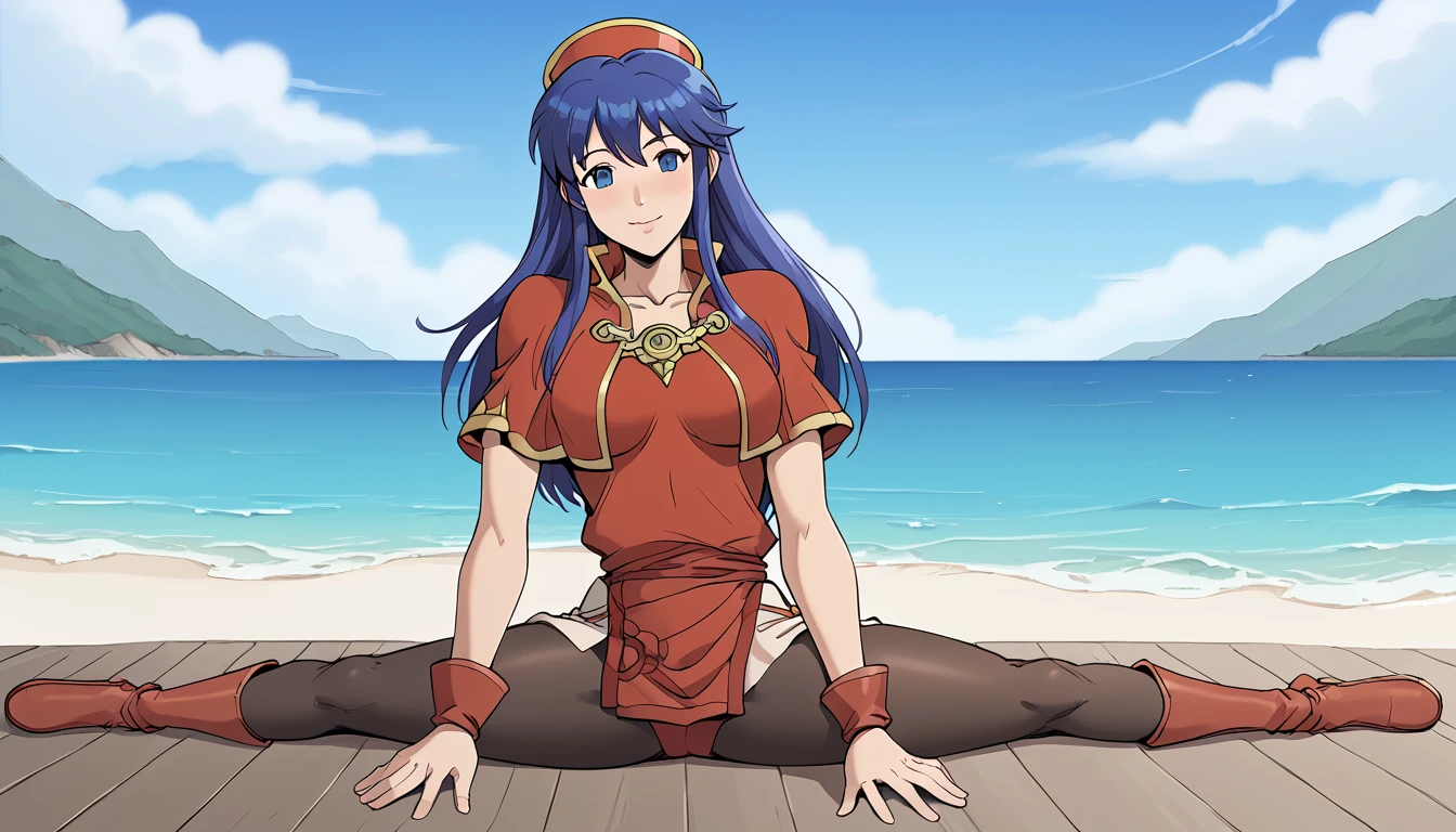 lilina \(fire emblem\), wizard, One girl, An athletic body, Sitting, On the floor, Split Horizon, stretch, horizontal splits, stretch regs, sea, hands on floor