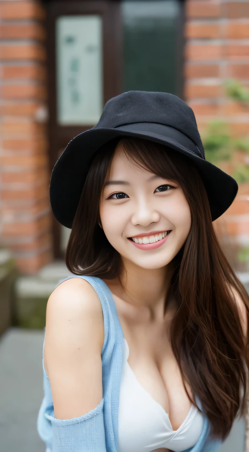 masterpiece,best quality,(Japanese ),((Beautiful girl)),cleavage,(perfect body beauty:1.2),(shy smile),beautiful teeth,(Blurred background of brick buildings),(hat),