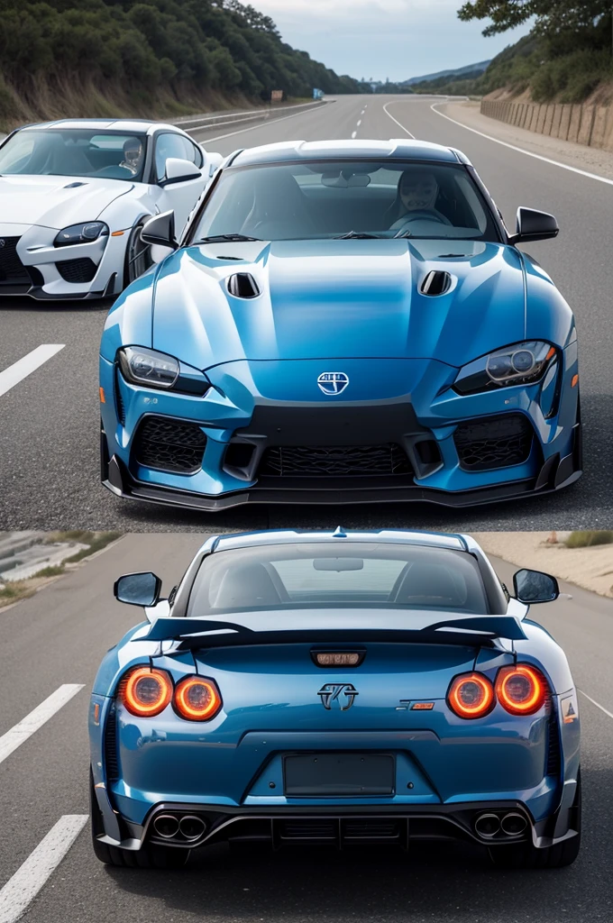 blue GTR35 freight for the photo and on the right in the same position an orange and classic Supra in the background, a view of the beach
