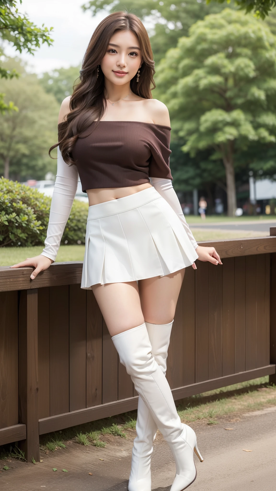 （Brown layered wavy hair）,Heavy makeup、(18 year old,two females,Japanese):1.2、8K, Seductive smile,tall：1.4、a small face、Nikon Z 85mm, ((Best Quality)) ,((masterpiece)), intricate detailes, Professional, Realistic, Photorealistic、 ((Strapless,Baretop midriff,Sexy mini skirt))：1.2、（Walking in the park）:1.2, large earring、（White Stretch knee boots with high stiletto heels、Pointed toe）：1.2、Full body shot