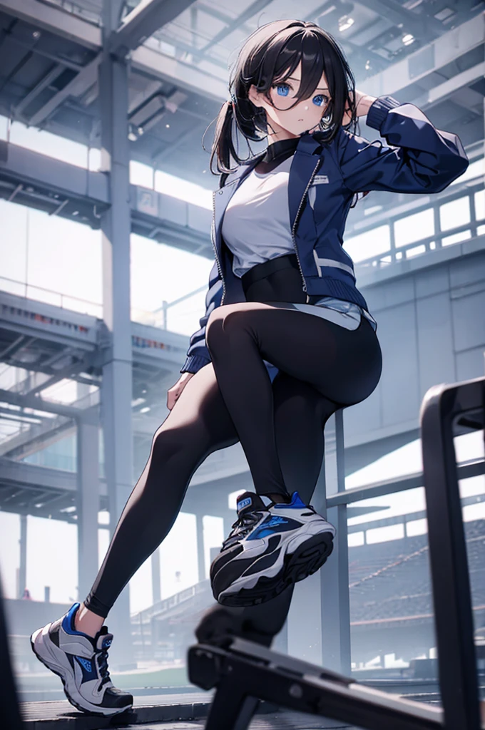 Blue delicate eyes, ,sports shoes，Black tights，Sports jacket，Hip-wrapped pants