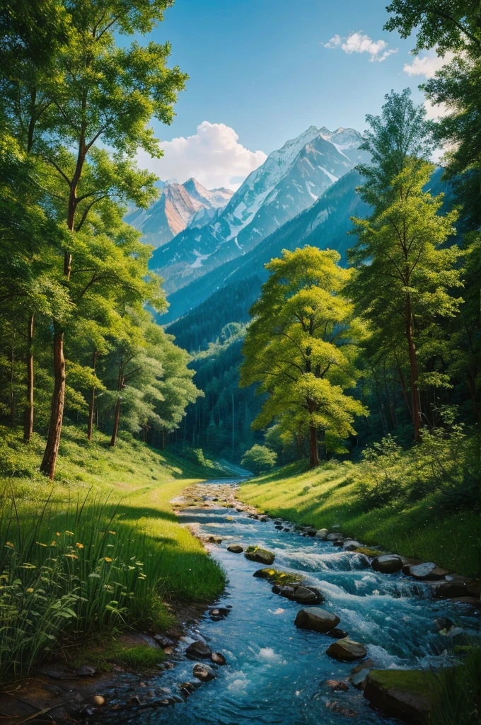 Generate a painting on environment and nature with all elements of nature and human exploring it