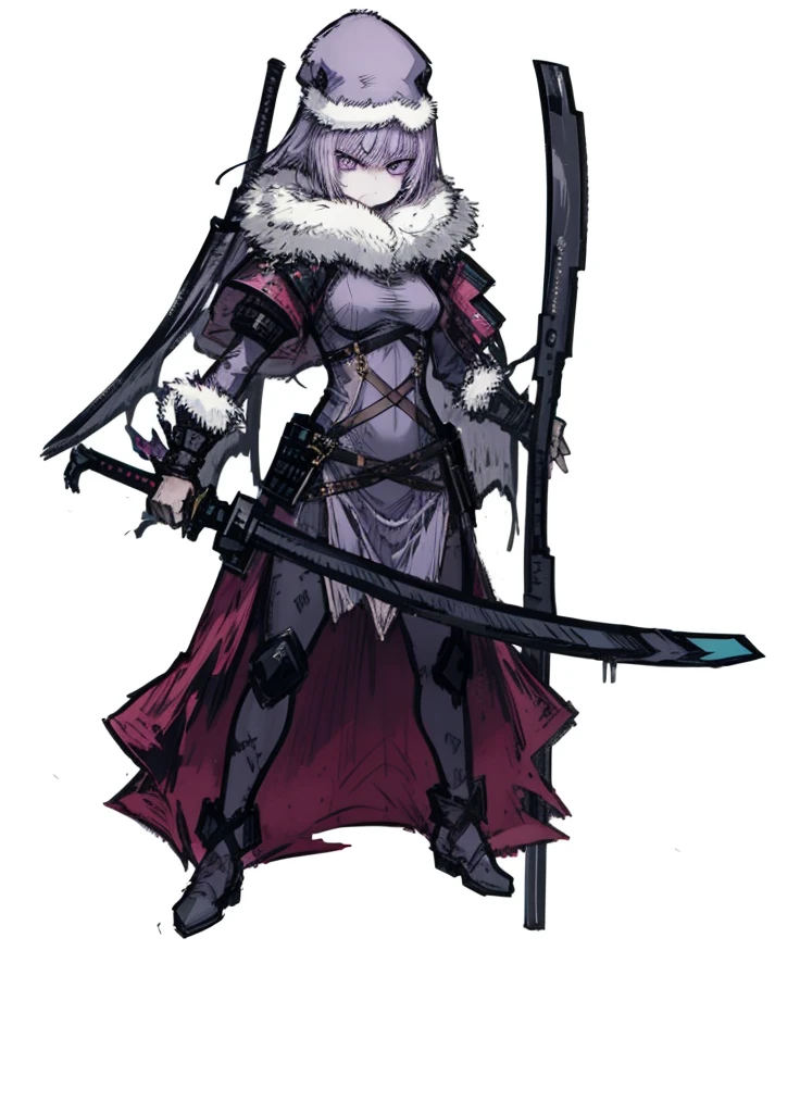 1girl ,lilac hair, lilac eyes, arctic warrior, polar, rusty sword, nice clothes, (high resolution, high detail, best quality), angry