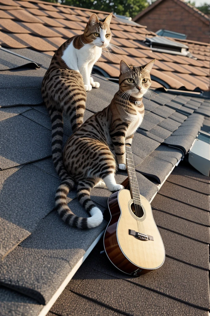 Serenade cat sitting on the roof with a guitar cartoon style.