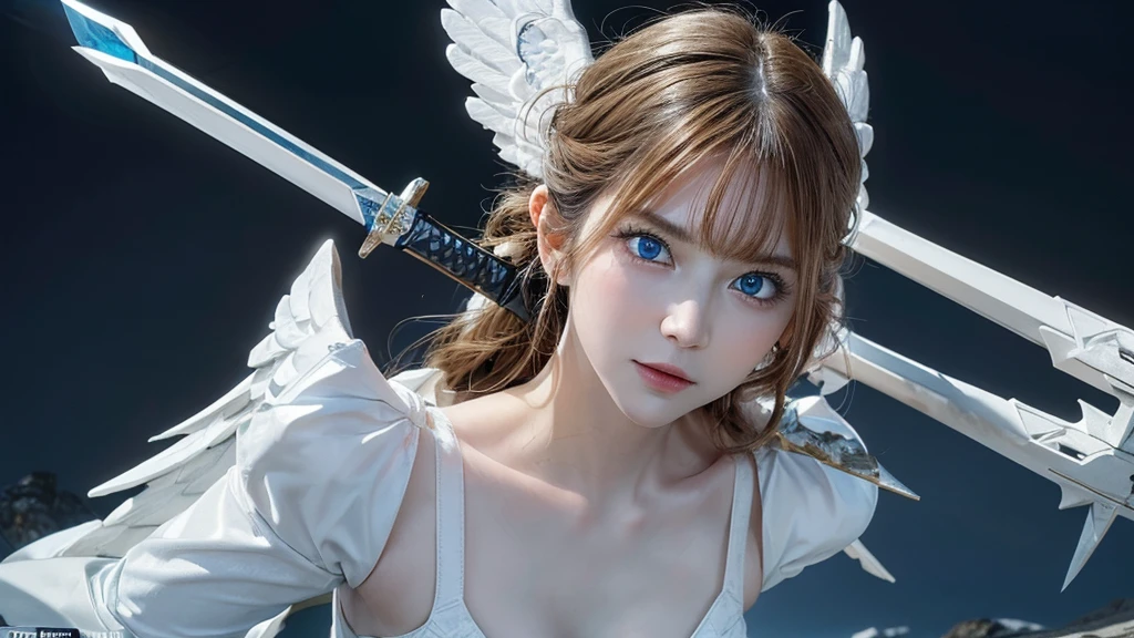 masterpiece, best quality, 4K, ultra-detailed, photorealistic, (1 girl), (upper body), (A fascinating eye for perfect detail:1.2), (revealing white angel clothing), blue eyes, smirk, (holding swords), white damaged wings on both sides, pure looking angel with an evil facial expression, dynamic expressions, dynamic pose, gloomy and desolate landscape, in the space