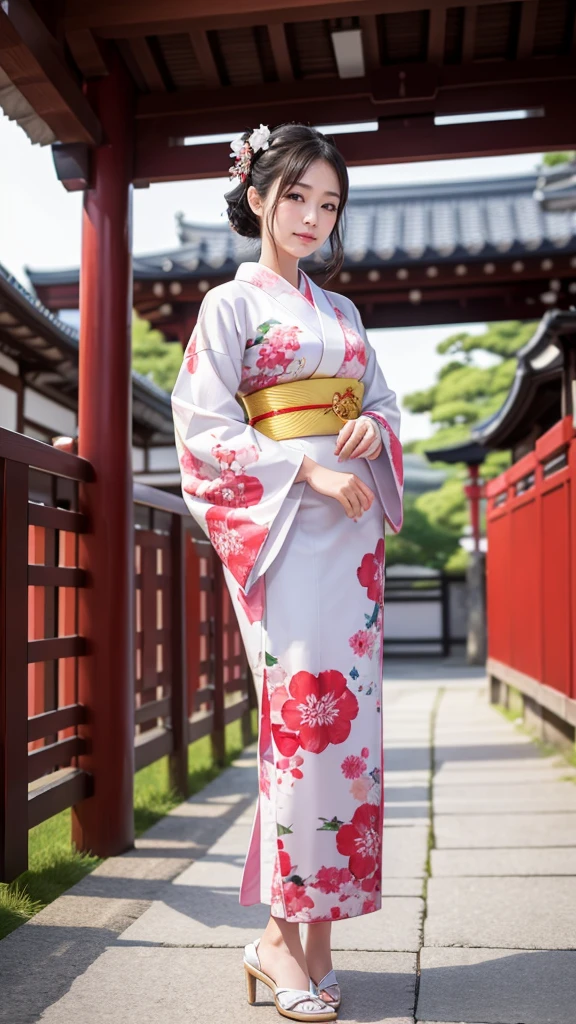 Highest quality, high resolution, 8K, full body, Countries, geisha, courtesan, kimono, kimono,whitening,Japanese hairstyle,20 years old, beautiful woman, pretty face, cute face, Kyoto cityscape