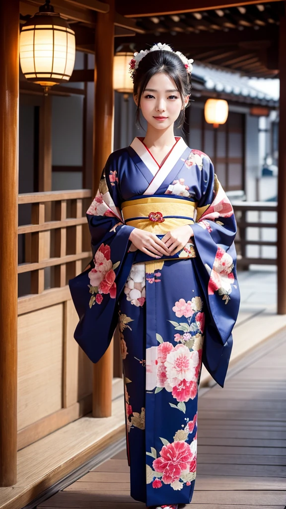 Highest quality, high resolution, 8K, full body, Countries, geisha, courtesan, kimono, kimono,whitening,Japanese hairstyle,20 years old, beautiful woman, pretty face, cute face, Kyoto cityscape