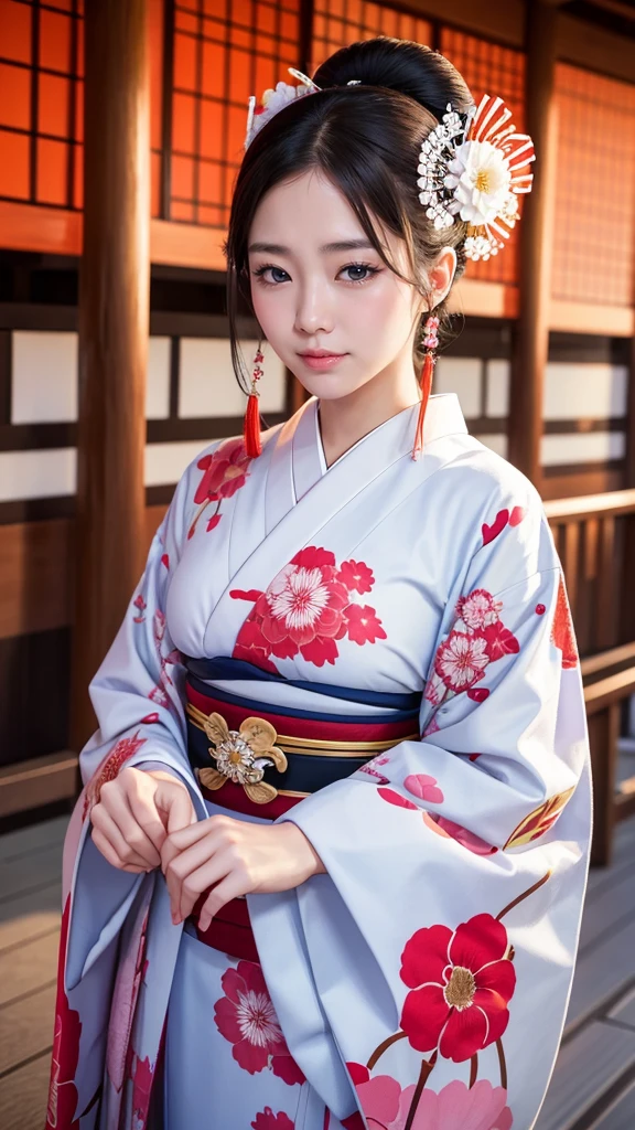 Highest quality, high resolution, 8K, full body, Countries, geisha, courtesan, kimono, kimono,whitening,Japanese hairstyle,20 years old, beautiful woman, pretty face, cute face, Kyoto cityscape