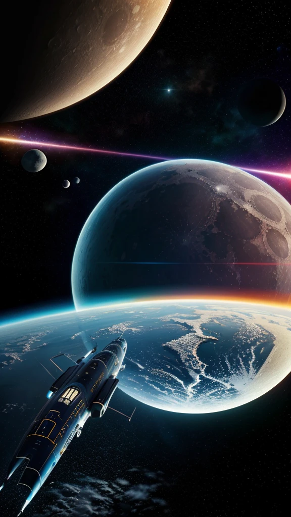 Awesome bright colors, ighly detailed, The perfect world, Reflective surfaces, Subsurface Dispersion, Beyond imagination, in 8K, wide angles、Sci-fi world、kosmos、planetes、a moon、Star Trek