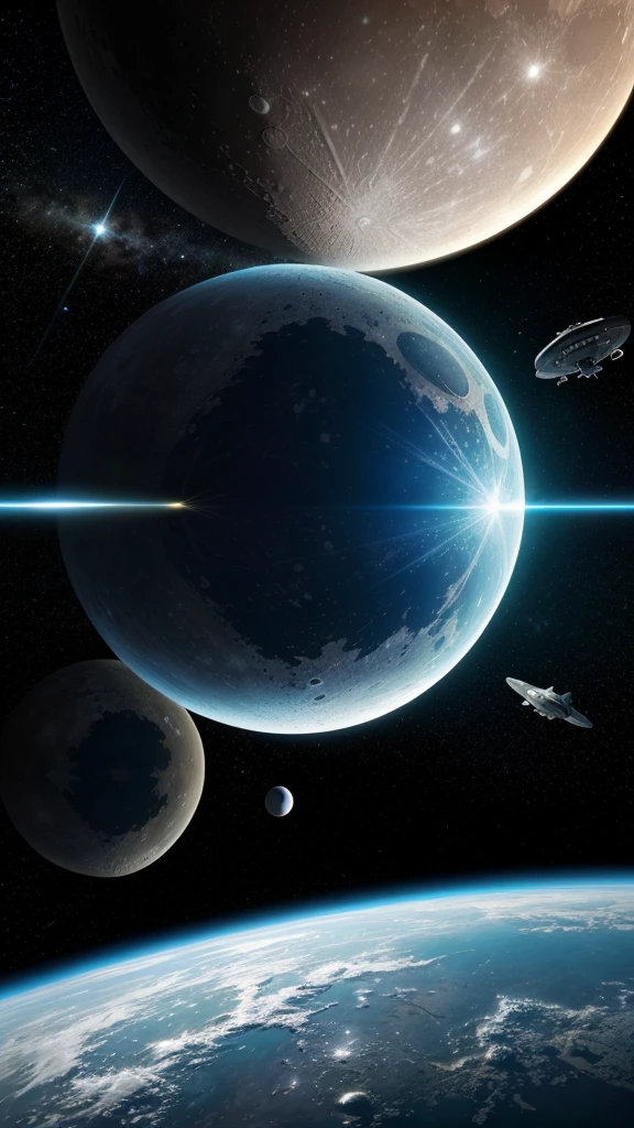 Awesome bright colors, ighly detailed, The perfect world, Reflective surfaces, Subsurface Dispersion, Beyond imagination, in 8K, wide angles、Sci-fi world、kosmos、planetes、a moon、Star Trek