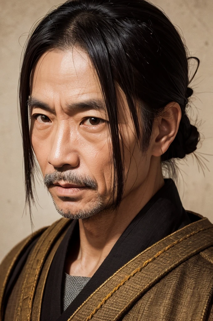 Edo Period、history、４０age、male、warrior、Simple Background、strong、Face Focus、Face close-up、front