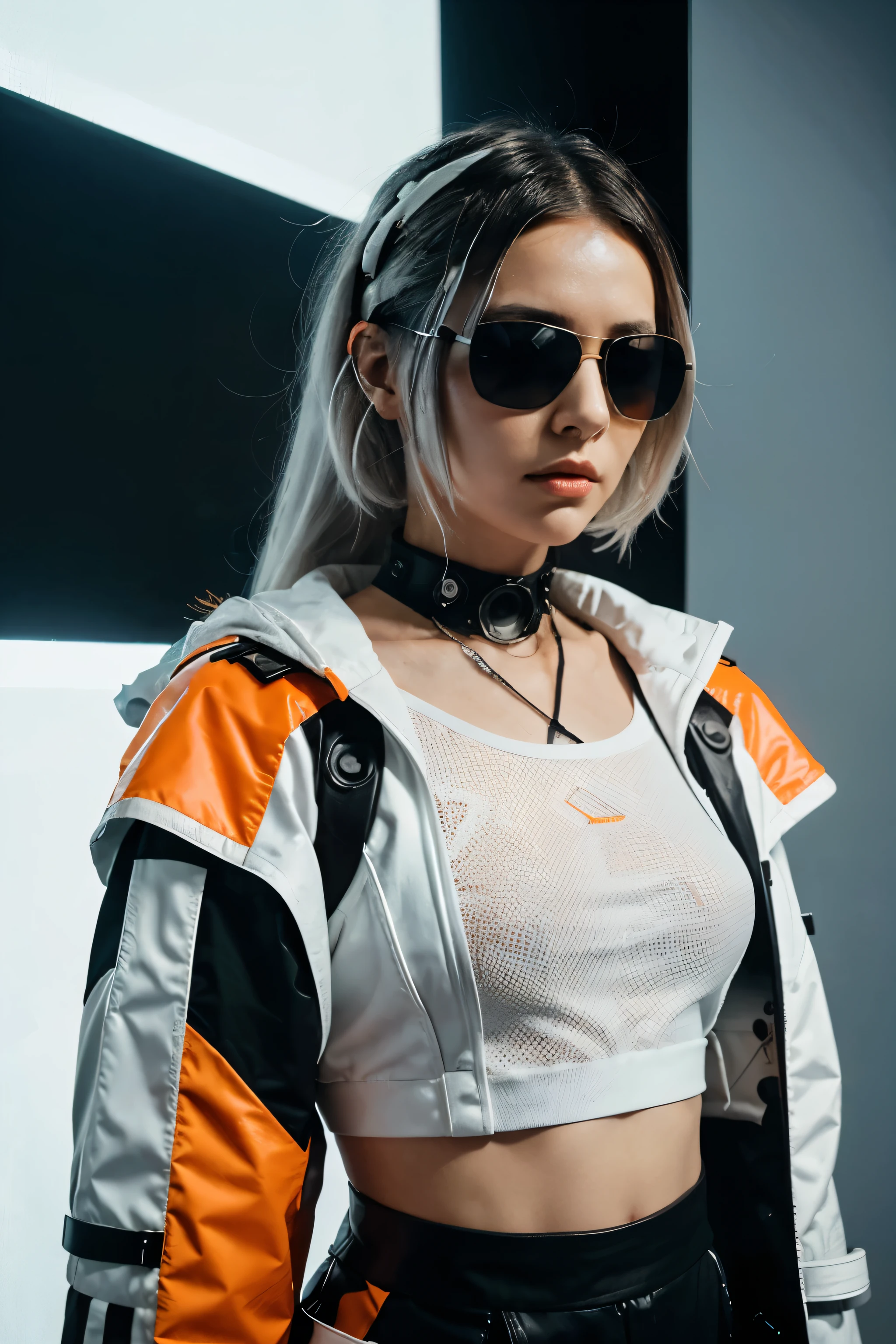 “Futuristic cyberpunk character with white, messy hair and sunglasses, dressed in a white outfit with black and orange details, set against a backdrop of abstract shapes and lines suggesting advanced technology or a virtual environment. The color scheme is predominantly whites, blacks, grays, and touches of orange."