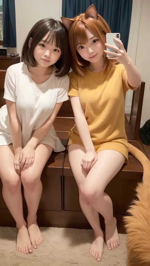 “Create an image of two adorable cats taking a selfie together. The first cat is orange with long fur, while the second cat is brown with stripes. Both cats are holding pieces of fried chicken with their paws, and there is a plate of fried chicken on the table in front of them. The setting is indoors, with a cozy and well-lit room in the background.”