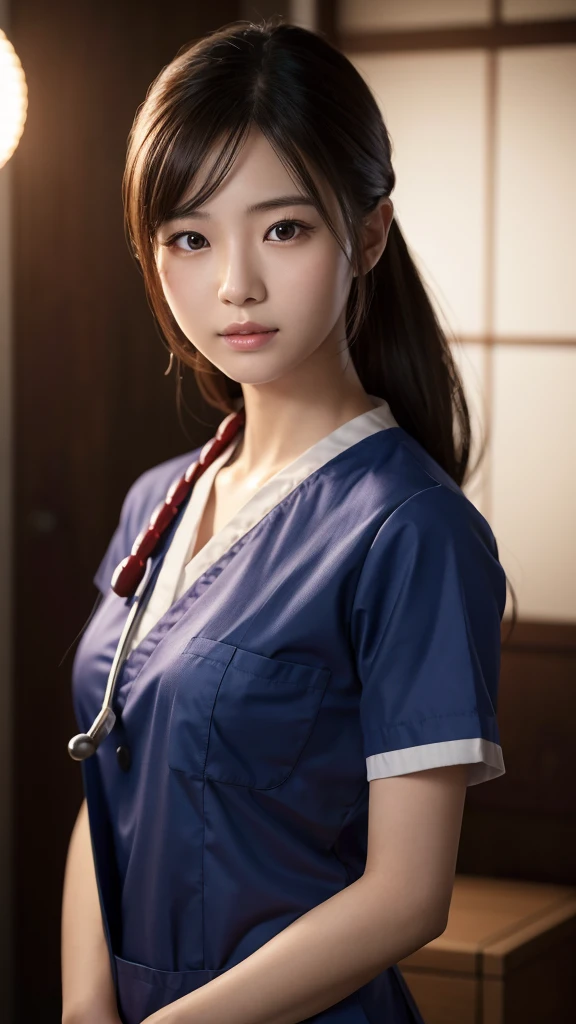 A beautiful young Japanese woman, around 20 years old, wearing a Nurses' Uniforms, ultra-detailed, 8K resolution, highly realistic, cinematic lighting, best quality, masterpiece, photorealistic, physically-based rendering, extremely detailed, vivid colors, professional, sharp focus, studio lighting