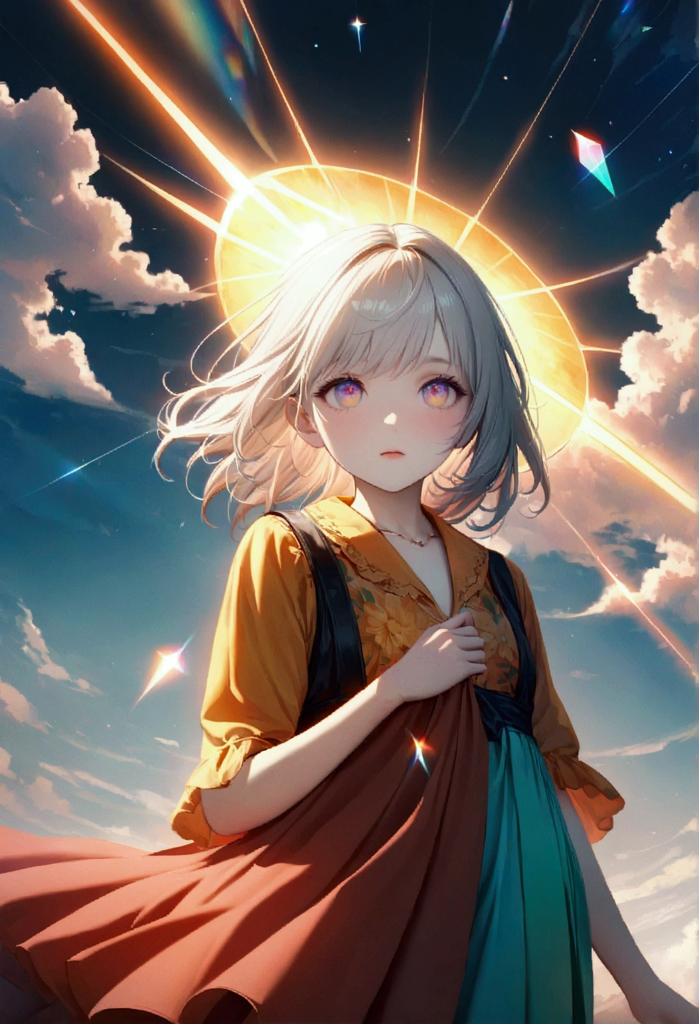 A girl (female\(Student, age 15, JK, short floating silver hair, cosmic colored eyes, Old clothes, orange hair color, pale skin, tired face without shine in the eyes\) is looking at the sky, beautiful sky, beautiful clouds, colorful summer flowers bloom here and there, (Crystalline bubbles shine like prisms here and there in the sky), There is the noon moon and the noon stars in the sky, BREAK ,quality\(8k,extremely detailed CG unit wallpaper, masterpiece,high resolution,top-quality,top-quality real texture skin,hyperrealistic,increase resolution,RAW Photos,la mejor quality,Very detailed,The wallpaper,cinematic lighting,ray trace,golden ratio\),long shot