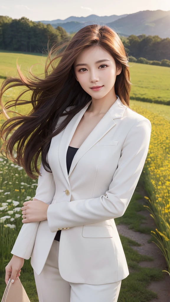 highest quality、genuine、Super detailed、finely、High resolution、8k wallpaper、one beautiful woman、、、light brown disheveled hair、wearing a business suit、sharp focus、perfect dynamic composition、beautiful and detailed eyes、thin hair、Detailed genuine skin texture、smile、model body shape、In a windswept meadow