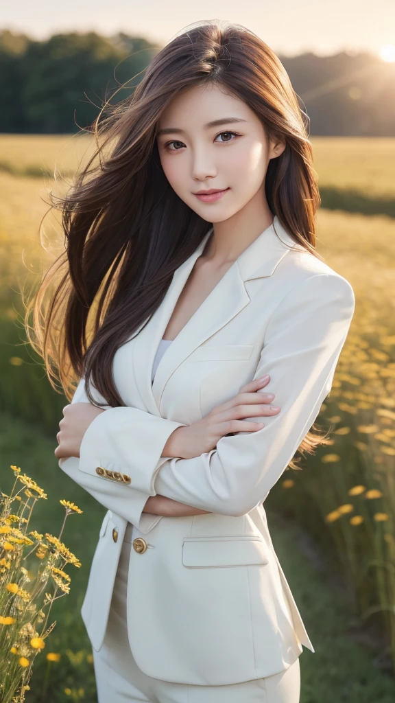 highest quality、genuine、Super detailed、finely、High resolution、8k wallpaper、one beautiful woman、、、light brown disheveled hair、wearing a business suit、sharp focus、perfect dynamic composition、beautiful and detailed eyes、thin hair、Detailed genuine skin texture、smile、model body shape、In a windswept meadow