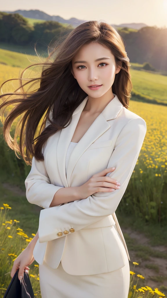 highest quality、genuine、Super detailed、finely、High resolution、8k wallpaper、one beautiful woman、、、light brown disheveled hair、wearing a business suit、sharp focus、perfect dynamic composition、beautiful and detailed eyes、thin hair、Detailed genuine skin texture、smile、model body shape、In a windswept meadow