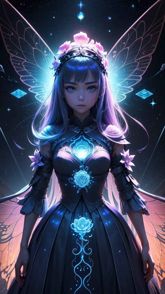 Ridiculous , High resolution, Super detailed, (1 girl:1.3), rest, dream dress, Headdress, rest, light role, Dark Man, mind control, Fractal, whole body, 天flower板, artistic background, blue bioluminescence, Geometric, organic, bless, favor, Sublime, sublimation, noble, Expand, untie, anti-gravity, antimatter, A guardian angel, saint, sacred, , dignified, red bioluminescence, flower, Holographic Wings, on the magic circle, Photon, Butterfly, scales, galaxy, Bick,