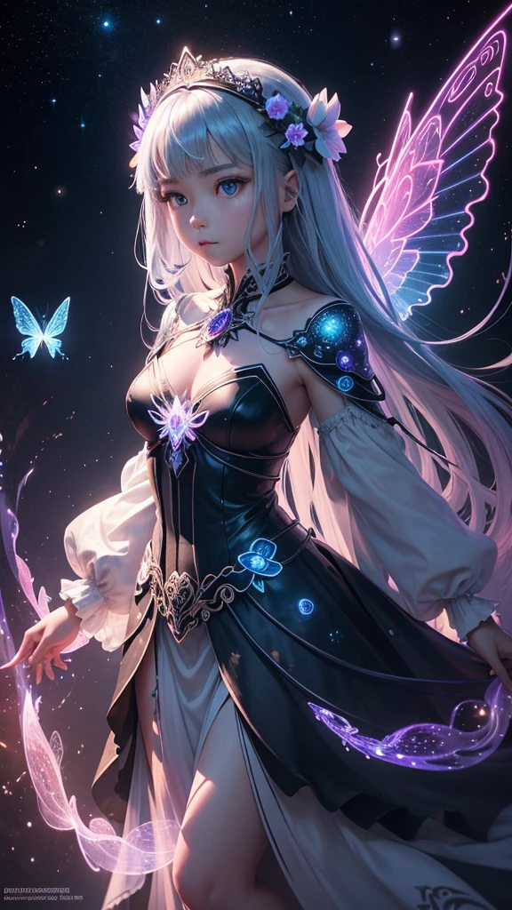Ridiculous , High resolution, Super detailed, (1 girl:1.3), rest, dream dress, Headdress, rest, light role, Dark Man, mind control, Fractal, whole body, 天flower板, artistic background, blue bioluminescence, Geometric, organic, bless, favor, Sublime, sublimation, noble, Expand, untie, anti-gravity, antimatter, A guardian angel, saint, sacred, , dignified, red bioluminescence, flower, Holographic Wings, on the magic circle, Photon, Butterfly, scales, galaxy, Bick,