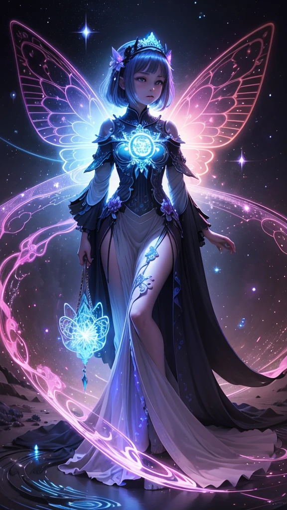 Ridiculous , High resolution, Super detailed, (1 girl:1.3), rest, dream dress, Headdress, rest, light role, Dark Man, mind control, Fractal, whole body, 天flower板, artistic background, blue bioluminescence, Geometric, organic, bless, favor, Sublime, sublimation, noble, Expand, untie, anti-gravity, antimatter, A guardian angel, saint, sacred, , dignified, red bioluminescence, flower, Holographic Wings, on the magic circle, Photon, Butterfly, scales, galaxy, Bick,