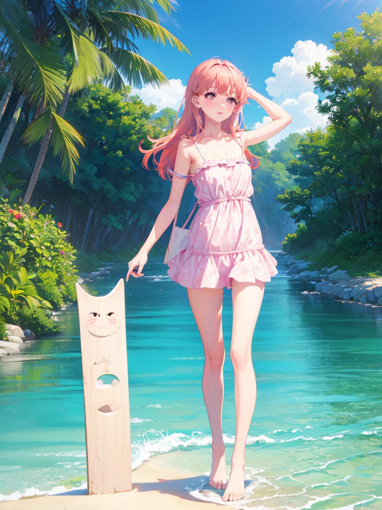 Random patterned swimsuit、Random patterned swimsuit,Swimsuit,Blushing、Medium semi-long hair、Pink Hair、Pale pink eyes　、Head to toe full body、Blushing、Embarrassed look、Composition from the front、A view from slightly below、school swimwear、Acme Face、Random pose、, 、nsfw、Highest quality、1 girl、solo、Ocean、Sandy Beach、Sexy pose、Random pose、Blushing、wet、Embarrassed、I can see half of my 、、One piece swimsuit、(Strap slip:1.3)、